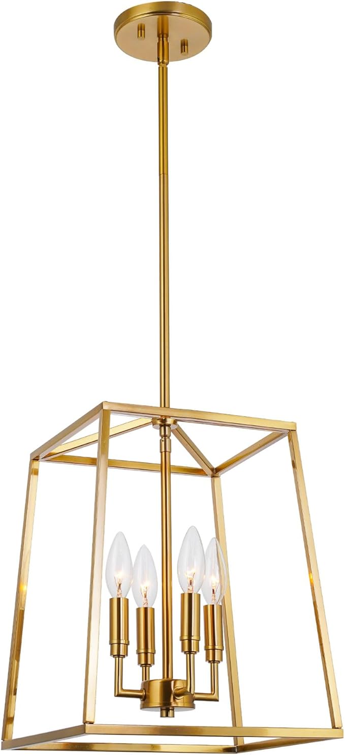 Kira Home Bellevue 16" 4-Light Modern Gold Lantern Pendant Light, Large Gold Geometric Metal Cage Chandelier, Cool Brass Finish