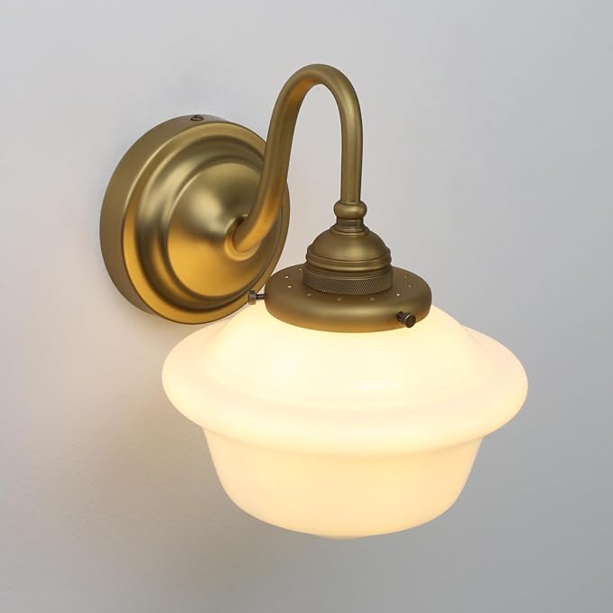 Pathson Vintage Wall Sconce with Milk White Glass, Hardwired Swan-Neck Wall Vanity Light Bathroom Sconce Fixture for Living Room, Foyer, Loft, Bedroom, Farmhouse Lamp