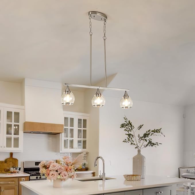 Island Light for Kitchen, 3-Light Brushed Nickel Island Pendant Lighting with Clear Round Glass Shades for Dining Table, Living Room