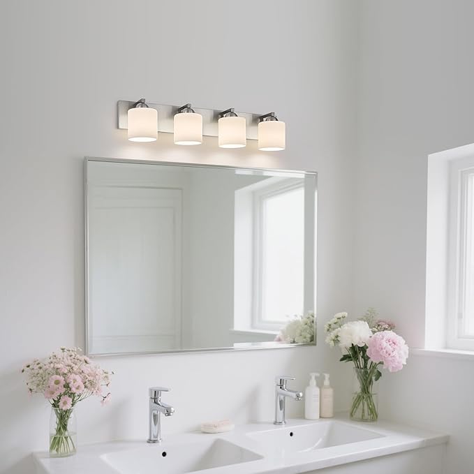 mirrea 30in 4-Light Brushed Nickel Vanity Lights for Bathroom, Vanity Lighting Fixtures with Etched White Glass Shades