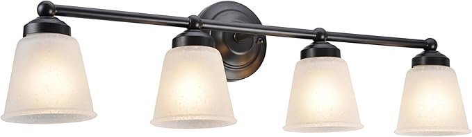 Aspen Creative 62015-2, Four-Light Metal Bathroom Vanity Wall Light Fixture, 15 1/2" Wide, Transitional Design in Bronze with Frosted Seeded Glass Shade