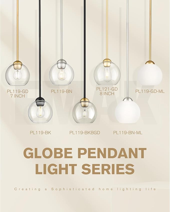 Emak 7 Inch Globe Pendant Light, Matte Black Pendant Light Fixtures with Clear Glass, 1-Light Hanging Lights for Kitchen, Bathroom, Bedroom, Hallway, 2 Pack, PL119-BK-2PK
