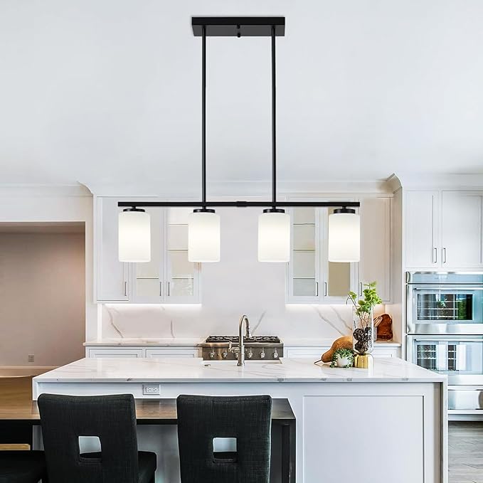Modern Island Lights for Kitchen, Black Dining Room Light Fixtures, 4-Light Farmhouse Linear Chandeliers Over Table White Frosted Glass Adjustable Hanging Light Kitchen Pendant Lighting Over Island