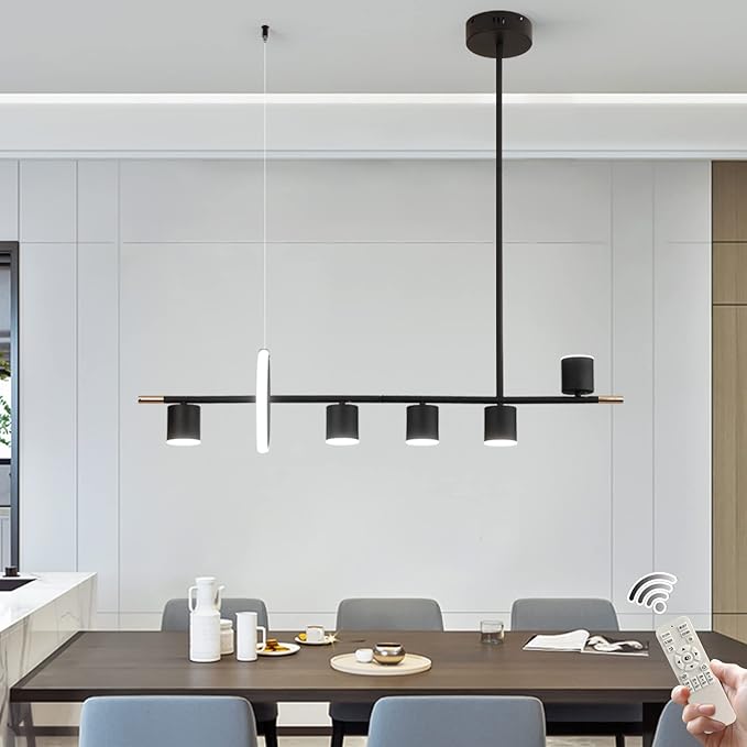 Siittoo Modern Black Pendant Light, LED Dimmable Hanging Pendant Light Fixture with Spotlights, 40'' Modern LED Chandelier Kitchen Island Light for Table Dining Room Bar (40W, 6-Light, Matte Black)