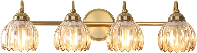 Vintage Bathroom Light Fixtures, Brass Vanity Lights with Amber Tulip Glass Shade, Vanity Sconces for Bathroom Bedroom Living Room Hallway, 4-Light