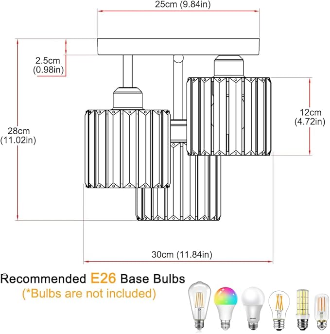 Crystal Semi Flush Mount Ceiling Light, 3-Light Modern Close to Ceiling Light Fixtures, Black Kitchen Light Fixtures with Clear Crystal Shade, Hallway Light Fixtures for Hallway Bedroom Bathroom, E26