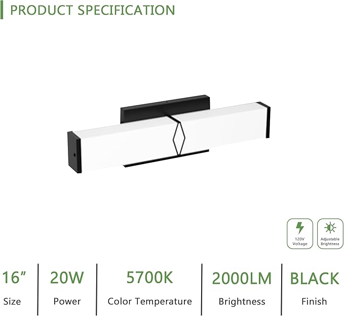 16 Inch Bathroom Vanity Light 2000LM, 5700K Daylight White Modern Bathroom Light Dimmable, AC 120V 20W Matte Black LED Vanity Lighting Fixtures Wall Sconce ETL Certified, 2Pack