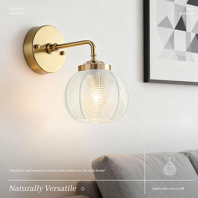 Vintage Wall sconces Glass Wall Sconces with Ribbed Clear Globe Glass Shade Gold Wall Sconce Modern Vanity Light Bathroom Wall sconces Over Mirro Wall lamp for Bedroom Hallway Living Room