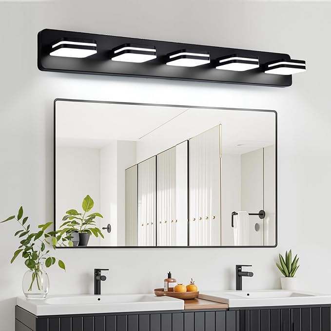 360° Rotate LED Bathroom Vanity Light Fixtures, 2100LM Acrylic Matte Black Vanity Lights for Bathroom, Modern Wall Lighting Fixtures Over Mirror Kitchen Living Room Hallway (Natural White Light 5000K)