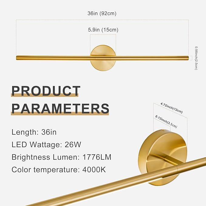 Gold Bathroom Light Fixtures Over Mirror 36 Inch, 26W 360° Rotatable Dimmable 4000K Led Vanity Light Bar, Brushed Gold Bathroom Vanity Lights Above Mirror