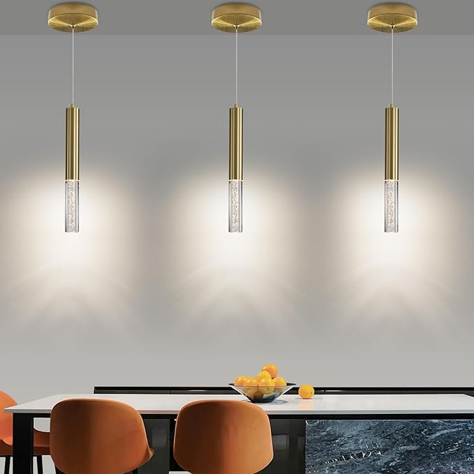 2 Pack Minimalist Kitchen Island Pendant Lights, Gold Modern Linear Hanging Light Fixture, Bubble Acrylic, Adjustable 3000K/4500K/6500K, LED Ceiling Light for Dining Room, Bedroom, Bathroom