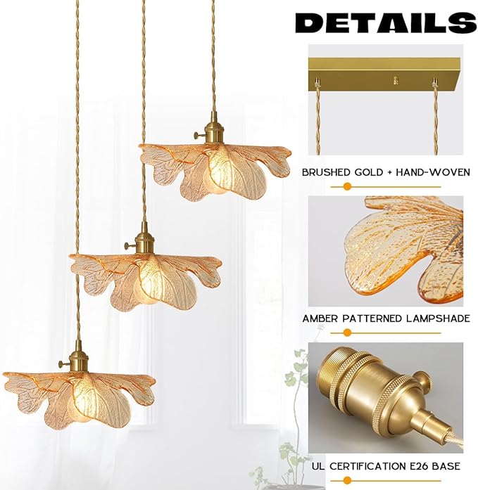 Chandelier 3-Light Vintage Glass Ceiling Pendant Light Gold Linear Design Amber Glass Dining Room Light Fixtures Modern Chandelier for Kitchen Island Over Table