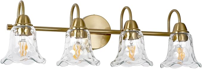Bathroom Light Fixtures Over Mirror, 4 Lights Vintage Wall Sconces with Hammered Glass Shade, 26.8" Gold Bathroom Wall Light Fixtures for Bedroom, Porch, Hotel, Mirror Cabinet