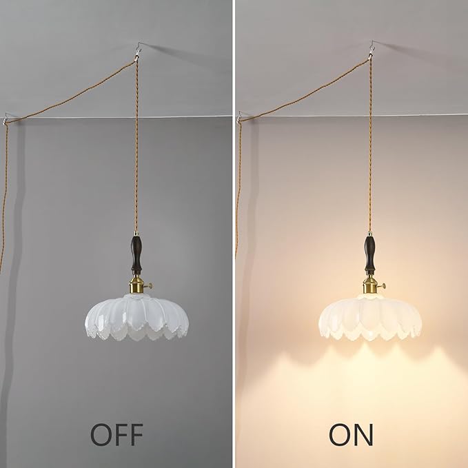 Modern White Plug in Glass Pendant Light Retro Flower Glass Hanging Lamp Gold Brass Decorative Adjustable Ceiling Hanging Light Suitable for Kitchen Island Bedroom Dining Room Living Room