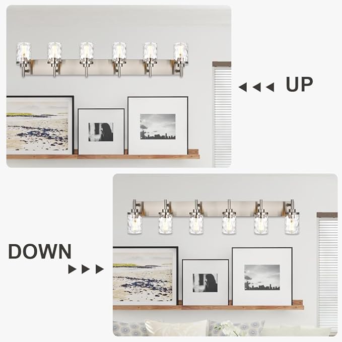Bathroom Vanity Lighting Fixtures 6 Lights,Brushed Nickel Bathroom Vanity Lights with Clear Hammered Shade Wall Sconce Lighting Modern Farmhouse Bath Lighting