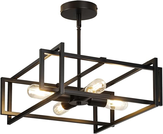 Modern Black Semi Flush Mount Ceiling Light Fixture 16.5", 4-Light Industrial Farmhouse Lighting for Kitchen Dining Room Living Room Entryway Bedroom Hallway, Sloped Ceiling Compatible, E26 Base