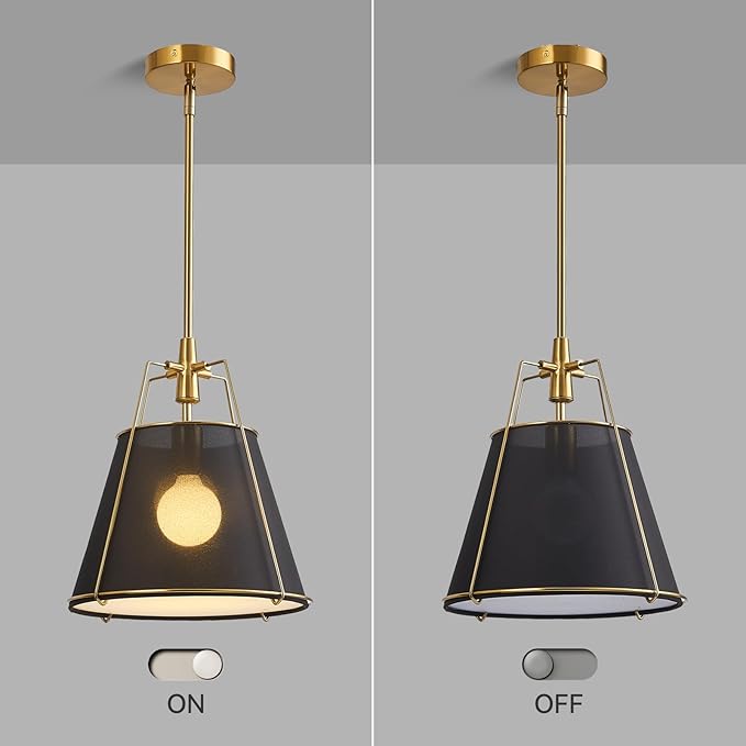 Modern Pendant Light Fixtures with 13" Black Linen Fabric Shade, Adjustable Hanging Light Fixture,Drum Gold Vintage Chandelier for Kitchen Island Bedroom Dining Room Foyer Entryway