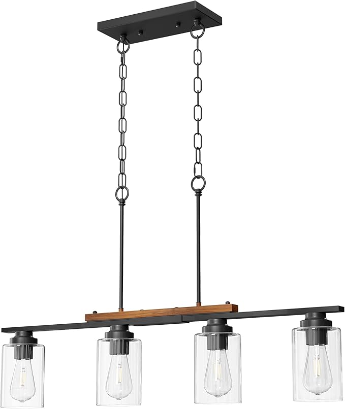 VONLUCE Dining Room Light Fixture Over Table, 4-Light Kitchen Island Lighting with Glass Shade and Adjustable Rods, Farmhouse Linear Chandelier Pendant Light for Kitchen Living Room, Matte Black