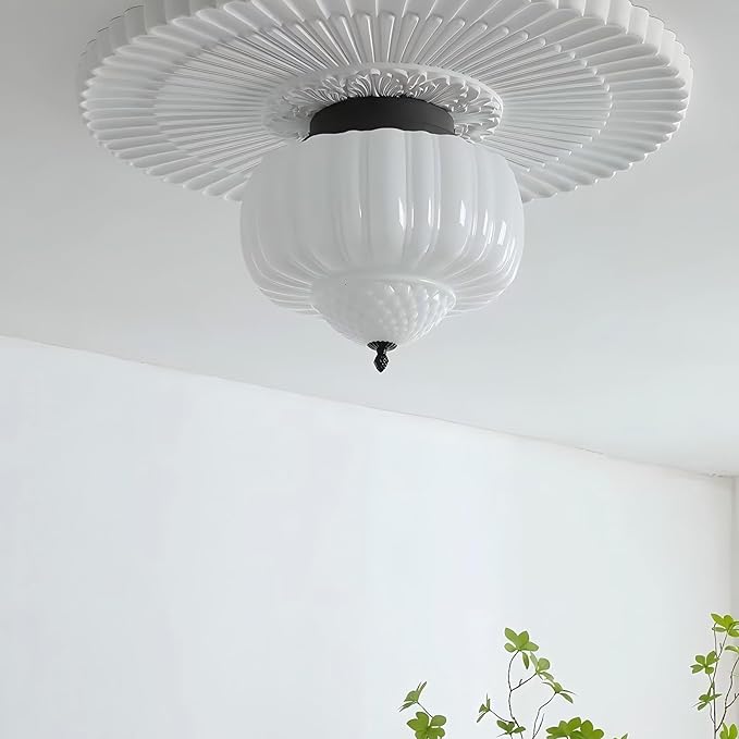 Milk Glass Semi Flush Mount Ceiling Light, 12" Mid Century Modern Schoolhouse Close to Ceiling Light Fixtures, Black White Vintage Light fixtures For Bedroom Kitchen Living Room Entryway Hallway Foyer