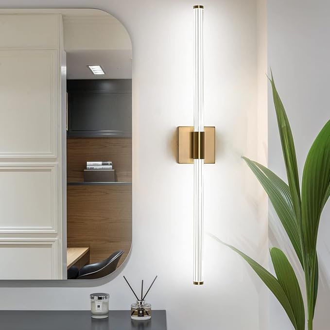 Modern LED Vanity Light, 360° Full Lighting Bathroom Light Fixture Over Mirror, 28W 5500K Cool White, Hardwired Wall Sconce, 31.6 Inch, Brass