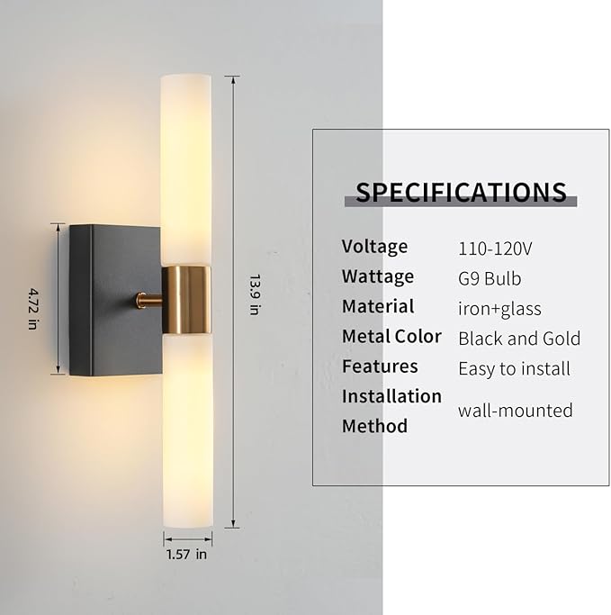 KUZZULL Wall Sconces Set of Two Black and Brass Wall Lights with White Frosted Glass Shade Modern Wall Lamp for Bathroom Living Room Indoor Vanity Up and Down Sconces Wall Lighting for Hallway