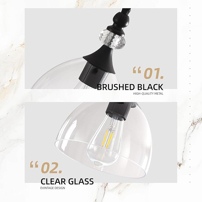 Pendant Ligh for Dining Room, Brushed Gold Pendant Light Kitchen Island, Modern Pendant Lights with Glass Shade for Living Room, Foyer, Bedroom, Hallway, Black/Clear, 2 Pack