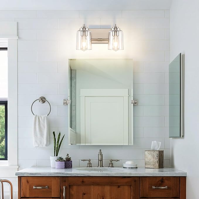 SOLFART Brushed Nickel Vanity Light 2 Light Bathroom Vanity Light Bathroom Lights Vanity Lighting Fixtures Wall Lights Over Mirror