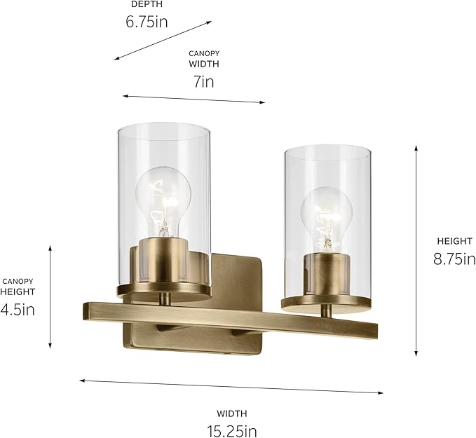 Kichler Crosby 15.25" 2-Light Bathroom Vanity Light Fixture with Clear Glass in Natural Brass for Powder Room, Modern Wall Mount Light (15.25" x 8.75"), 45496NBRCLR