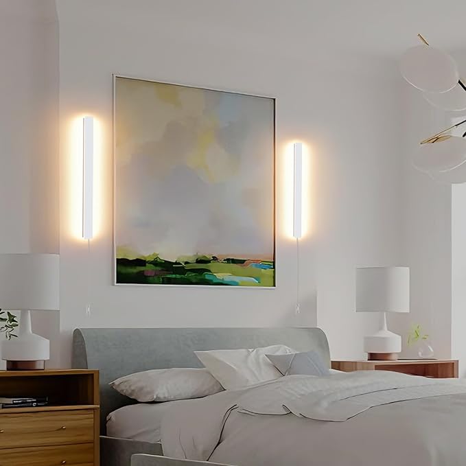 KELUOLY Modern Plug in Wall Sconces, 23.6 inch Frosted White LED Long Wall Lights, 12W Warm White 3000K Acrylic Indoor Wall lamp,with 59" Plug Cable for Bedroom, Living Room, Bathroom Makeup, Hallway