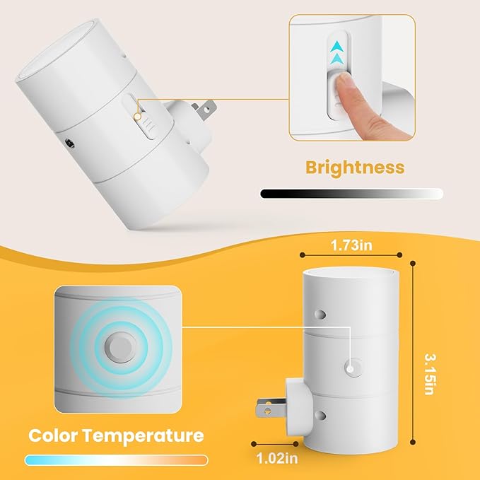 VOLISUN Night Lights Plug into Wall, Dimmable LED Nightlight with Dusk to Dawn Light Sensor, 0-100LM Adjustable Brightness, 3 Color Temperatures, Compact Size, 2 Pack for Hallway, Bathroom White