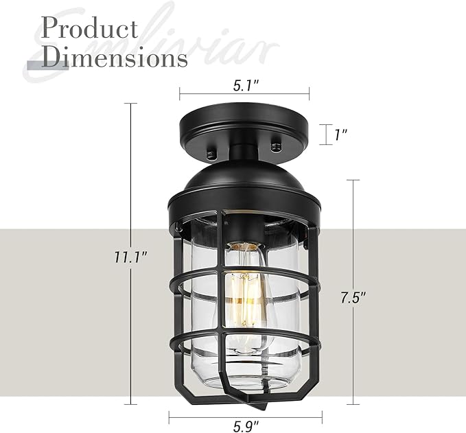 Emliviar Ceiling Light Fixtures Semi Flush Mount Set of 2, Matte Black Ceiling Lights for Foyer, Clear Tempered Glass, GE255LF-2PK BK