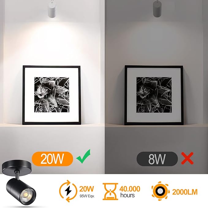 VANoopee 3-Color Dimmable Ceiling Spotlight Flush Mount Adjustable Spotlight Directional LED Spot Lights Indoor Bright Accent Fixture for Living Room Bedroom - CRI90 36° Flicker Free 20W 2000lm Black