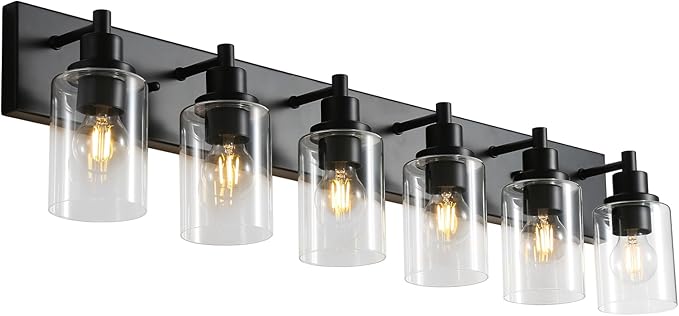 LOUSACE 6 Light Bathroom Vanity Light, Matte Black Bathroom Light Fixtures Over Mirror, Modern Bathroom Lighting with Clear Glass Shade, Black Farmhouse Wall Sconces Lighting Fixture