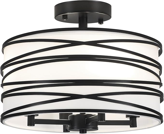 TOULMJ 4-Light Semi Flush Mount Ceiling Light, Black Drum Chandelier with White Fabric Shade, Modern Entryway Light Fixtures for Kitchen Island Laundry Room Hallway Dining Room