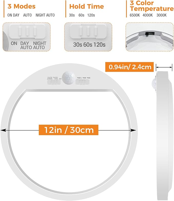 slochi 1Pack Motion Sensor Light Indoor Wired, 12 Inch 3000K/4000K/6500K Closet Lights Motion Sensored, 24W 2400LM Flush Mount Ceiling Light for Hallway Pantry Stairwell Porch, White