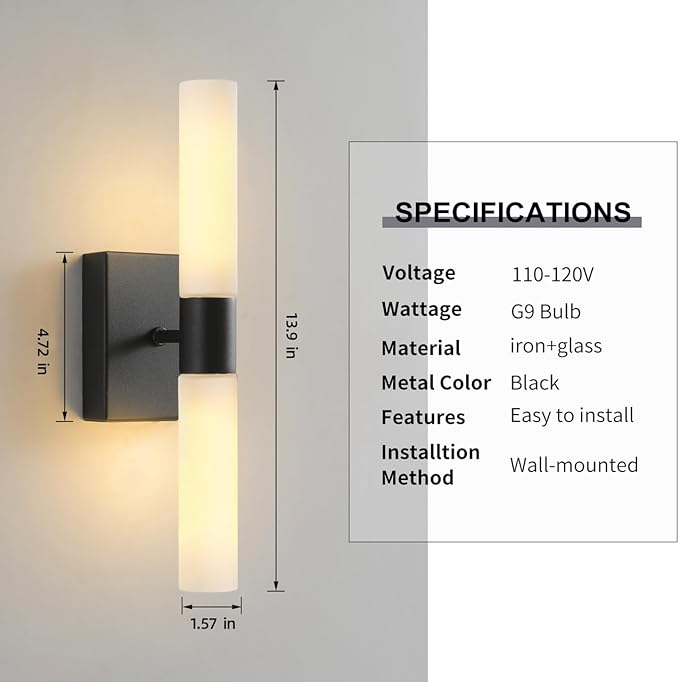 KUZZULL Wall Sconces Set of Two Matte Black Modern Bathroom Sconces Lighting Set of 2 Frosted Glass Shade Indoor Wall Lamp Wall Mounted Lights Metal Wall Light Fixtures for Living Room Stairs