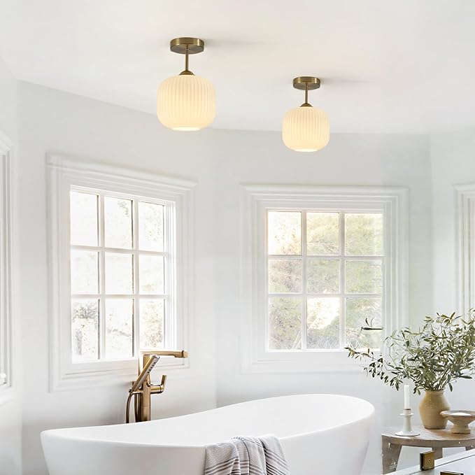 Milk Glass Flush Mount Ceiling Light Small Mid Century Modern Kitchen Lighting Fixtures Vintage Brushed Gold Semi Flush Mount Ceiling Light for Bedroom Hallway (2 Pack)