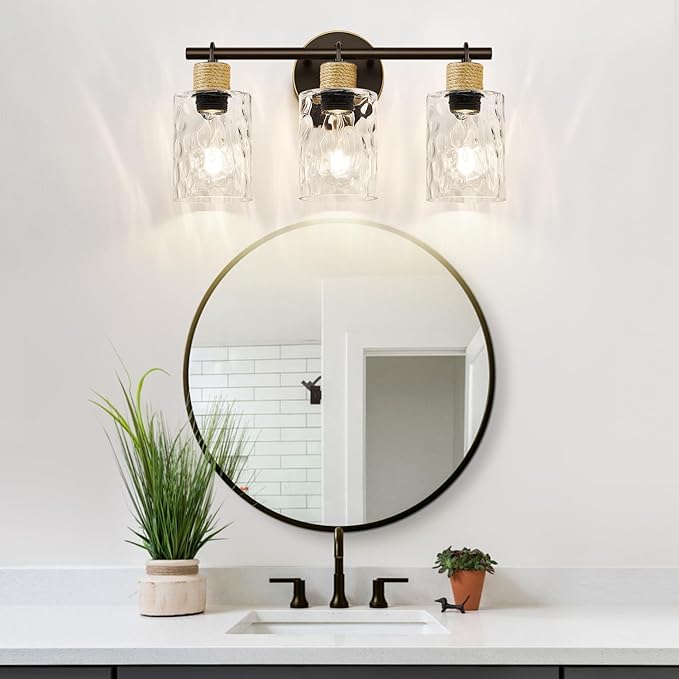 MOKATNG Bathroom Light Fixtures, 3-Light Coastal Vanity Lights with Crystal Glass Shade, Oil-Rubbed Bronze Bathroom Wall Lamp for Mirror Kitchen Hallway Cabinet
