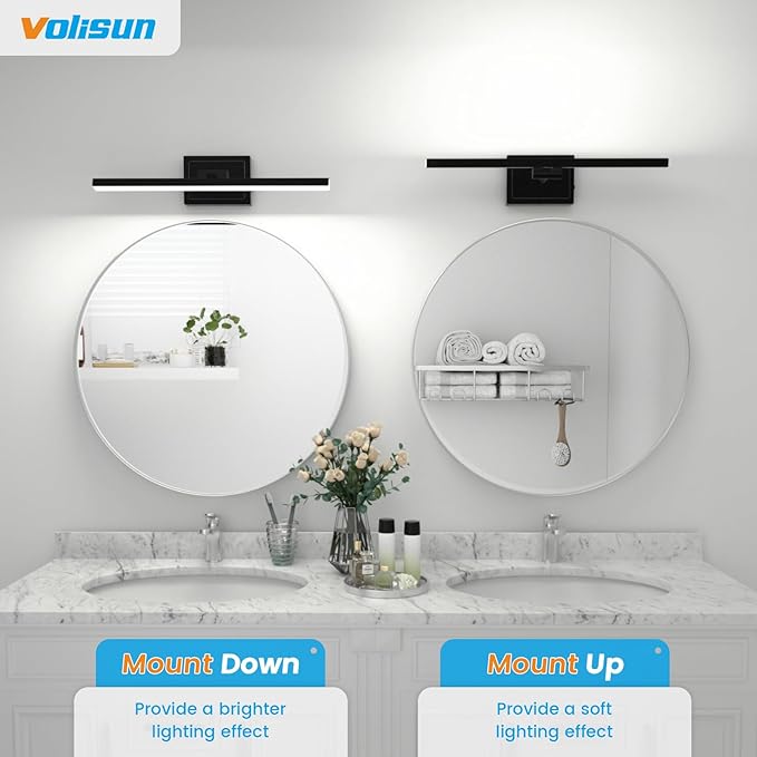 VOLISUN Modern Bathroom Vanity Light 24 inch, Rotatable, 14W Dimmable 5CCT Led Bathroom Light Fixture Over Mirror, Black Bar Vanity Light for Bathroom Mirror Restroom-ETL Certificated