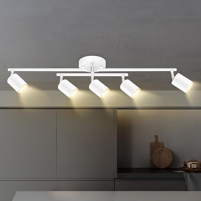Track Lighting Fixtures Ceiling, LED Track Lighting, White Kitchen Lights for Bedroom, 28.4" Ceiling Spot Light Kit, 5 Light Wall Light with Rotatable Heads, Living Room Decor(GU10 Socket, NO Bulb)