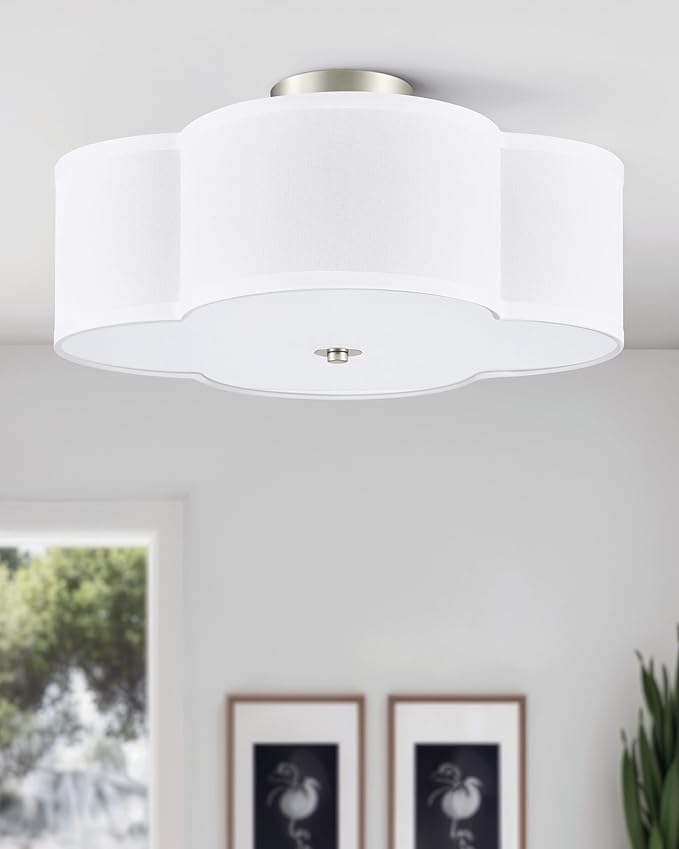 VONLUCE Semi-Flush Mount Ceiling Light, 15.8" Modern 4-Light Ceiling Light Fixture with White Clover-Shaped Shade 4 E26 Sockets for Bedroom Entryway Living Room, Nickel Finish, ETL Certificated