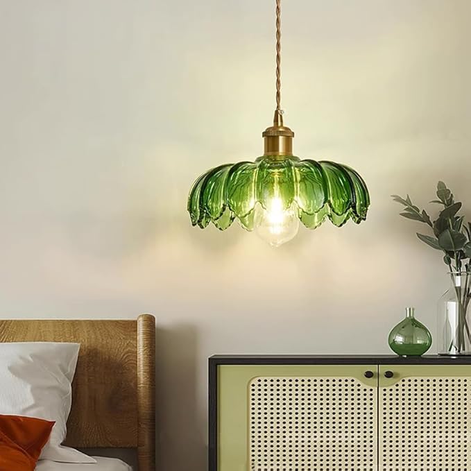 Plug in Pendant Light with Green Glass Lamp Shade Brass Vintage Hanging Light Fixture Adjustable Chandelier for Kitchen Island Dining Room Bedroom Living Room Hallway (Green)