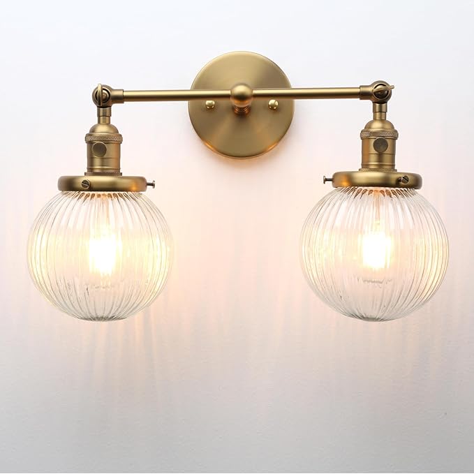 PERMO 2 Lights Sconce with Switch Industrial Gold Wall Sconce Lighting with Ribbed Globe Lampshade Vintage Double Wall Sconce Bathroom Sconce, Hardwired, E26 Base
