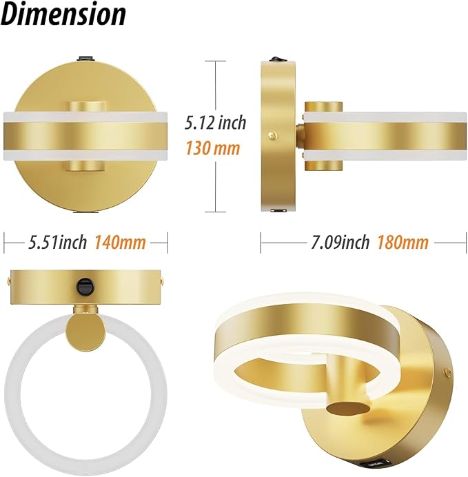 LED Wall Sconces Set of Two with ON/Off Switch, Gold Rotatable Hardwired Wall Light Fixtures, Built in USB Charging Port, Modern Wall Decor for Bed Lighting.