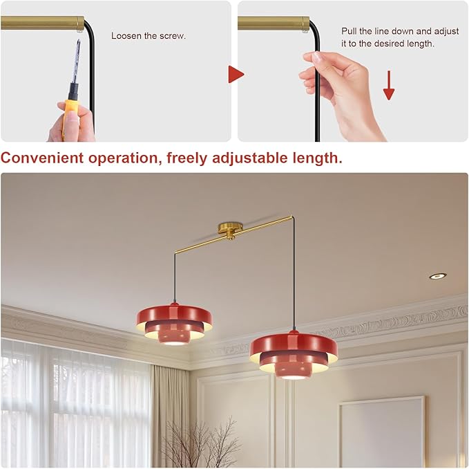Industrial Red Pendant Light, 2-Light Vintage Chandelier, Mid Century Modern Ceiling Light Adjustable Hanging Lights for Kitchen Island, Bar, Dining Room
