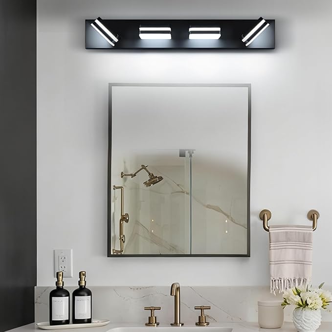 360° Rotate LED Bathroom Vanity Light Fixtures, 1600LM Acrylic Matte Black Vanity Lights for Bathroom, Modern Wall Lighting Fixtures Over Mirror Kitchen Living Room Hallway (Natural White Light 5000K)