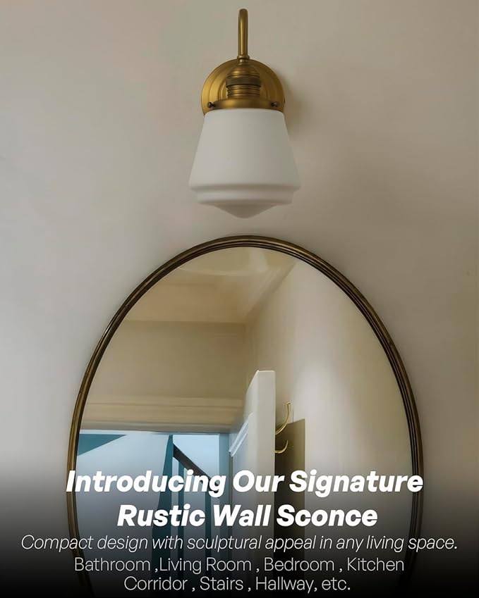 Vintage Wall Sconce Antique Brass Gold Bathroom Vanity Light with Frosted Milk Glass Shade Indoor Hardwire Wall Mounted Lamp Light for Bathroom Mirror Living Room Bedroom Kitchen