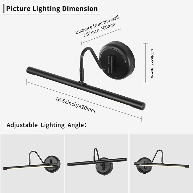 JOOSENLUX Modern Wall Lights Battery Operated Black Wireless Picture Lights for Wall 16.5" Inch Dimmable Under Counter Lights for Kitchen with Swing Arm as Canvas Wall Sconce Light 3000K CRI95+