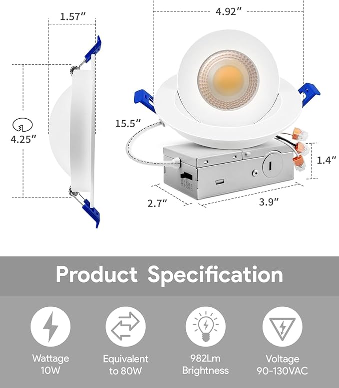 Adetu 4 inch Gimbal Led Recessed Lights, 360°+90° Adjustable Directional Recessed Lighting, 2700K/3000K/3500K/4000K/5000K Dimmable Retrofit Eyeball Can Lights with Jbox, ETL(White,12 Pack)
