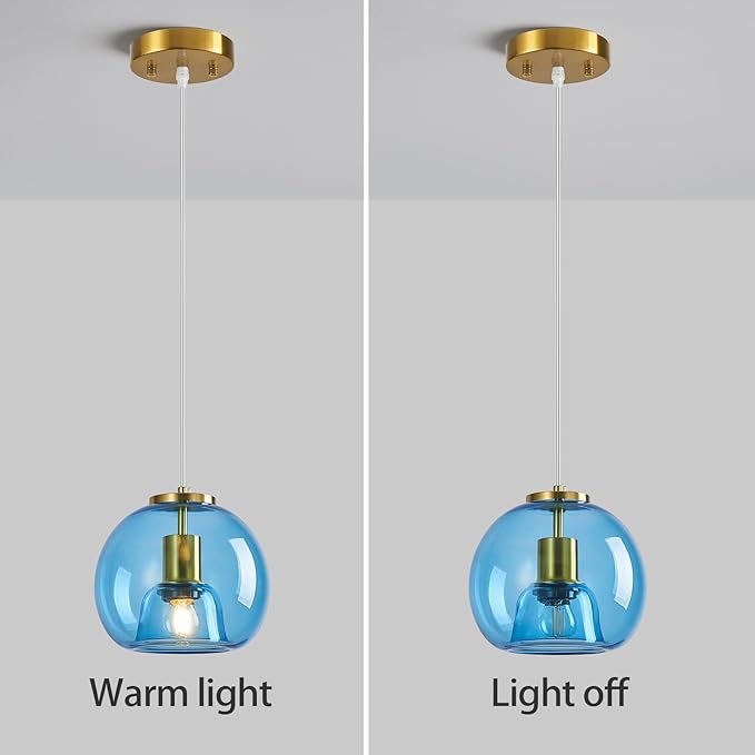 Light Blue Glass Pendant Lights Kitchen Island Gold Hanging Light Fixture Glass Globe Pendant Light Modern Pendant Lighting for Kitchen Island Bedroom Dining Room (7.87", B Style-1 Pack)